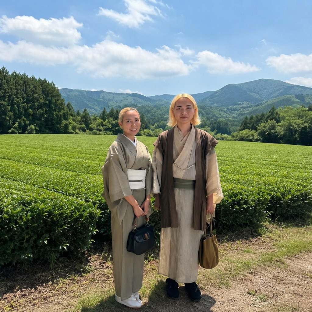 Karen and her husband in Yame tea field